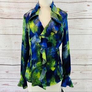 Jones New York purple blue yellow green ruffle top